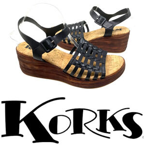 NEW Korks Marley Sz 11 Flatform Comfort Wedge Black Woven Slingback Sandals NWOB